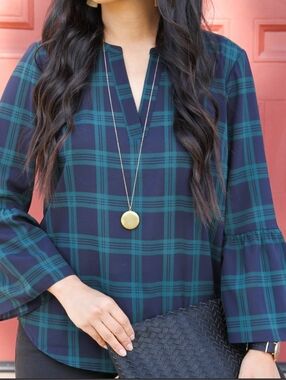 J.Crew Navy and Light Blue Plaid Split-Neck Popover Blouse With Bell Sleeves S